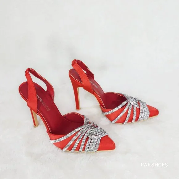 Elegance Slip on Slingback Red Satin Rhinestone Pointy Toe High Heels Shoes - Picture 8 of 12